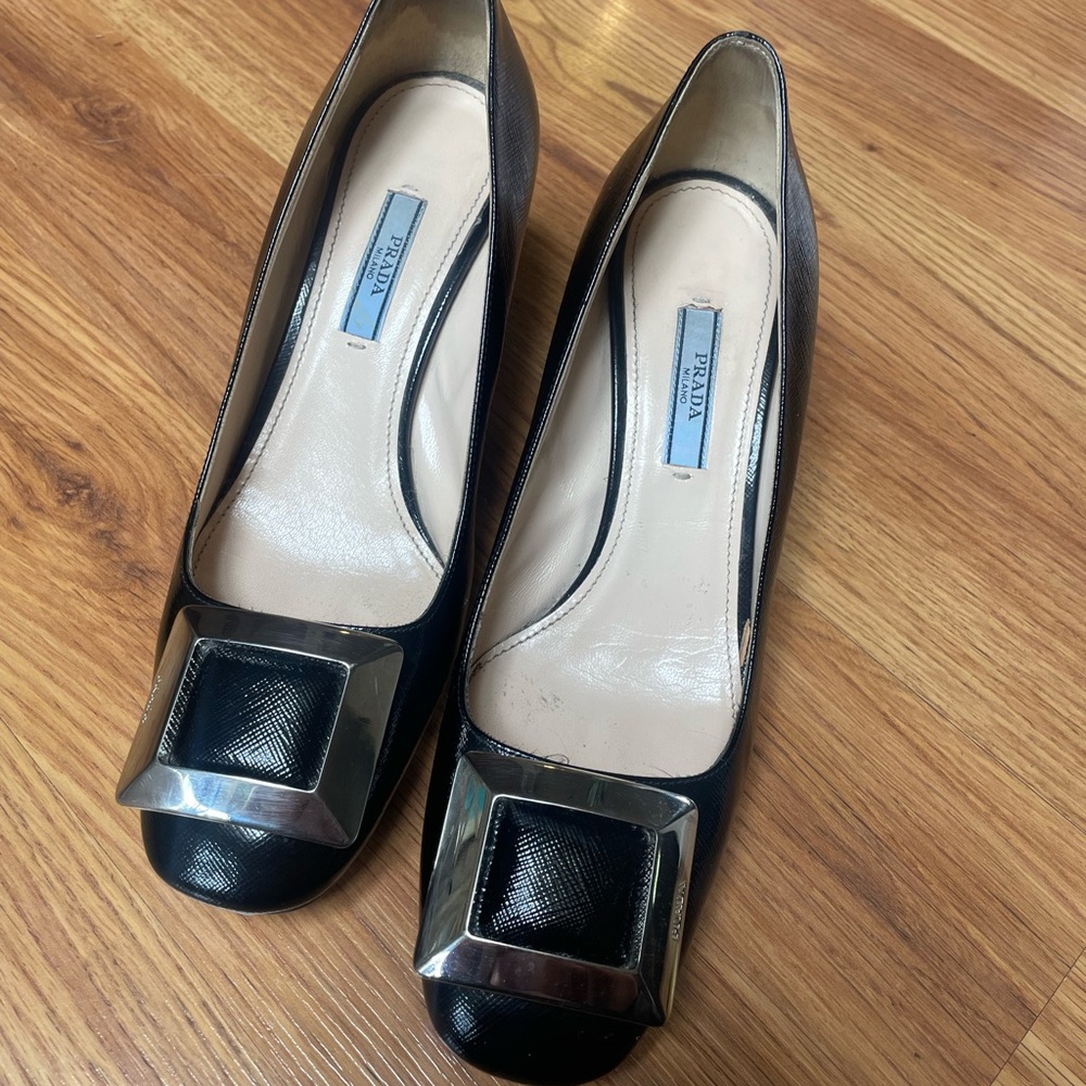 Prada Black Heeled Shoes with Silver Belt Buckle